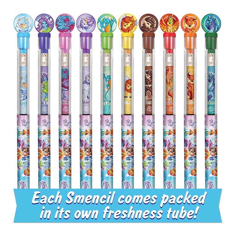 Bubble Gum, Strawberry, Grape, Blueberry, Watermelon, Lemon Lime, Pinepple, Tangerine, and Rootbeer scented limited edition black Mythical Pencils in tubes Fanned out