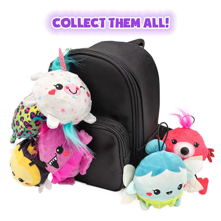 Plush Crush Series 3 Bee, Monster, Leopard, and Unicorn Plush on the Black Backpack and Pixie and Flamingo Plush next to Black Backpack