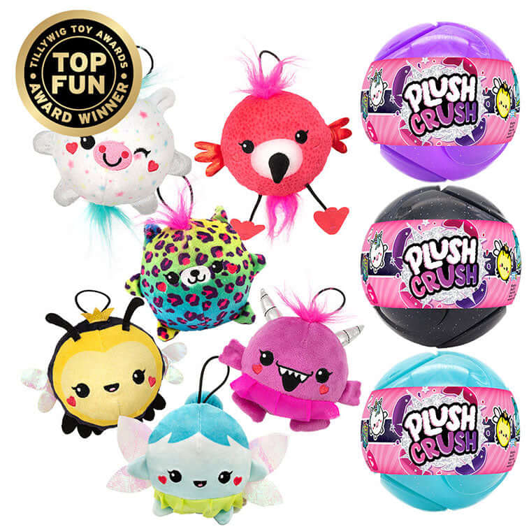 Plush Crush Series 3 Pixie, Flamingo, Bee, Unicorn, Leopard, and Mosnter Plush next to purple, black, and blue wrapped plush crush ball with a Tillywig Toy Awards Badge