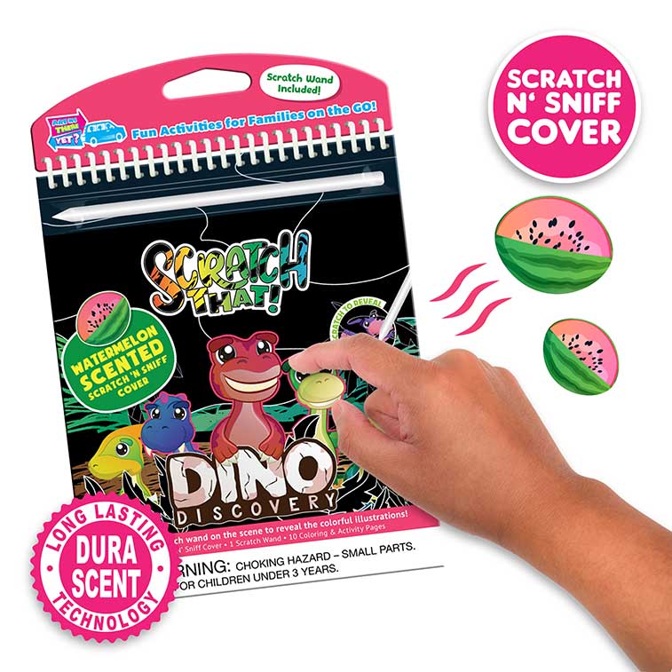 Scratch That! Dino Discovery front cover with someone scratching the watermelon scented scratch and sniff sticker