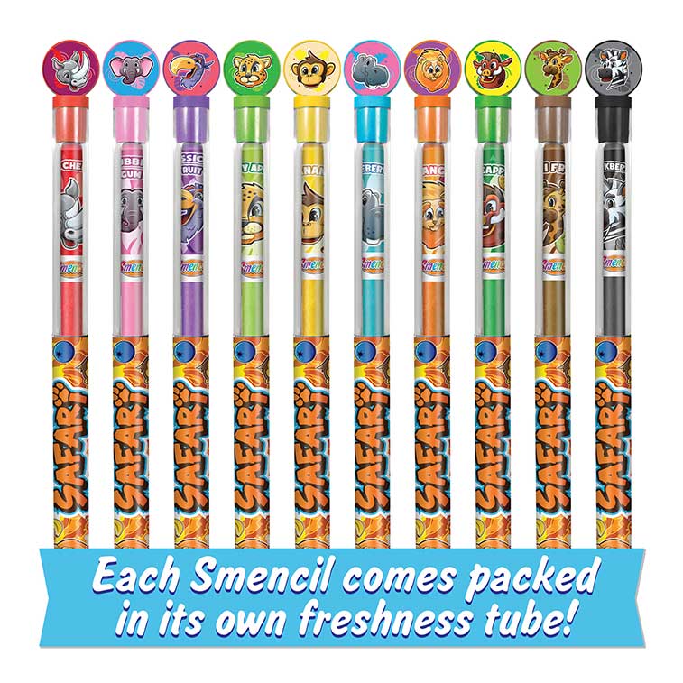 Bubble Gum, Wild Cherry, Passion Fruit, Blueberry, Pineapple, Juicy Apple, Banana, Mango, Kiwi Fruit, and Blackberry scented Safari Pencils in tubes Fanned out