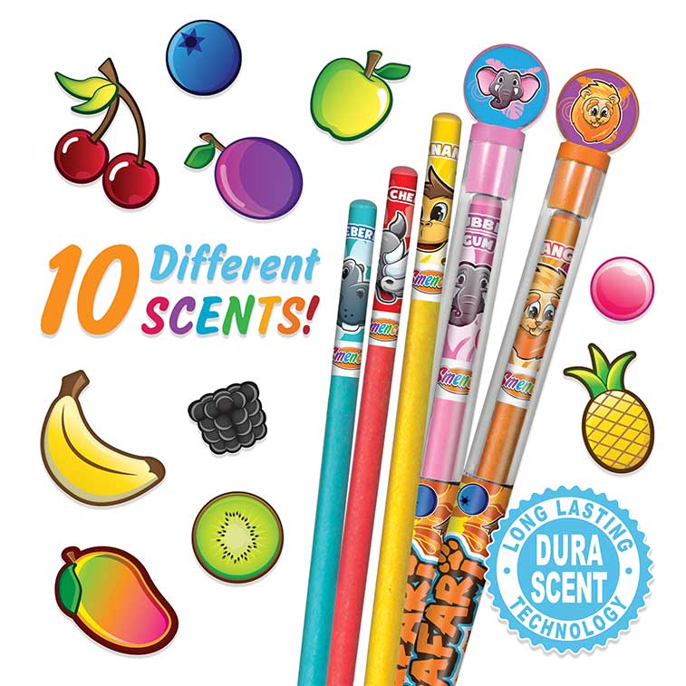 blueberry, cherry, banana, bubble gum, and orange surrounded by illustrations of the ten different scents