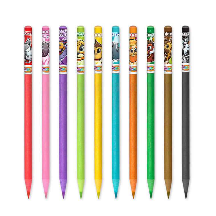Bubble Gum, Wild Cherry, Passion Fruit, Blueberry, Pineapple, Juicy Apple, Banana, Mango, Kiwi Fruit, and Blackberry scented Safari Pencils out of tubes Fanned out