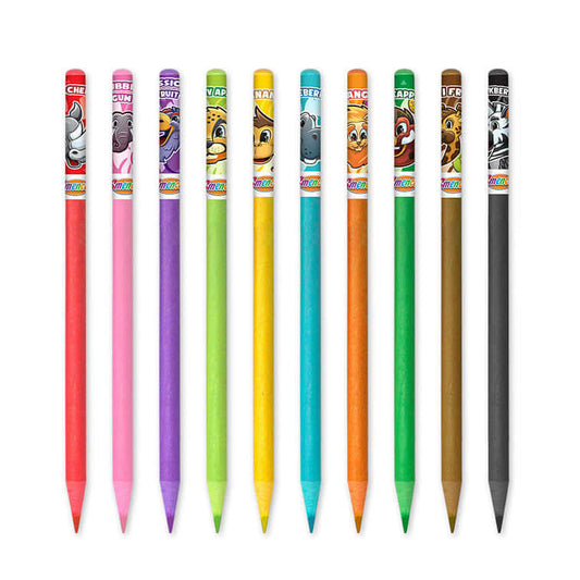 Bubble Gum, Wild Cherry, Passion Fruit, Blueberry, Pineapple, Juicy Apple, Banana, Mango, Kiwi Fruit, and Blackberry scented Safari Pencils out of tubes Fanned out