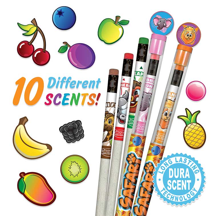 Bubble Gum, Wild Cherry, Pineapple, Mango and Kiwi Fruit scented safari Pencils surrounded by illustrations of the ten different scents
