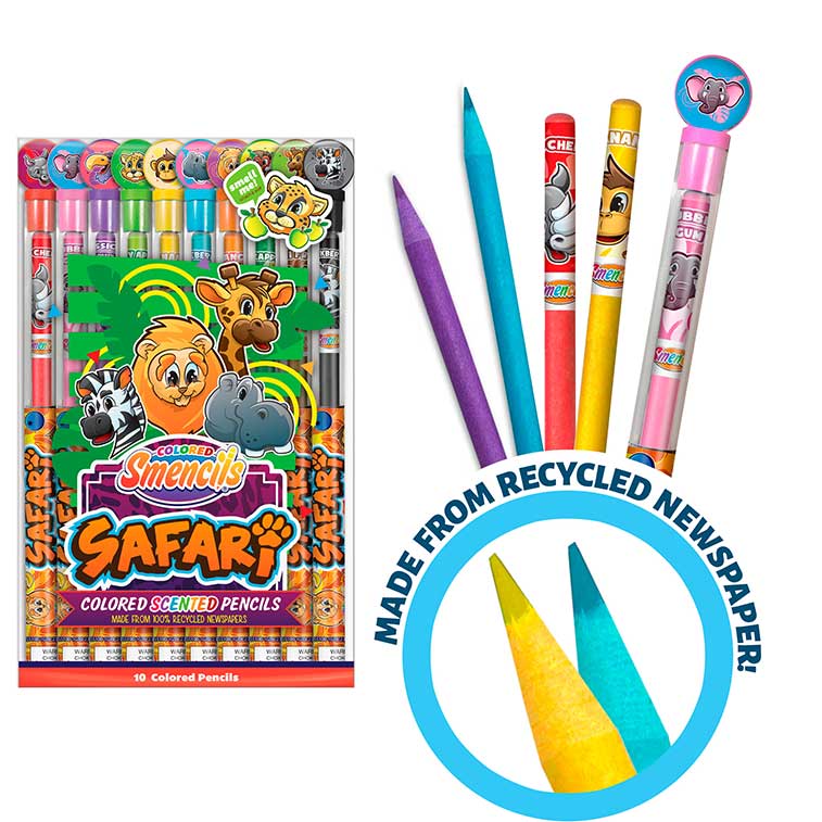 Pack of 10 safari colored Smencils, Scented Pencils with blueberry, cherry, banana, bubble gum, and orange pencils out with close up of made from recycled newspaper material used for the pencils