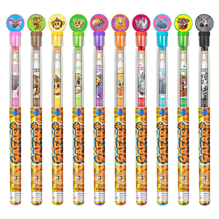 Bubble Gum, Wild Cherry, Passion Fruit, Blueberry, Pineapple, Juicy Apple, Banana, Mango, Kiwi Fruit, Blackberry scented Holiday Pencils in tubes Fanned Out