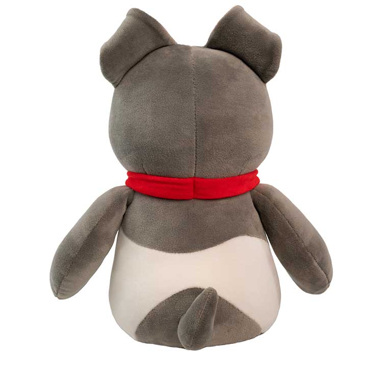 10 Inch grey and white dog with a red collar Smanimals Jelly Bean scented Plush back view