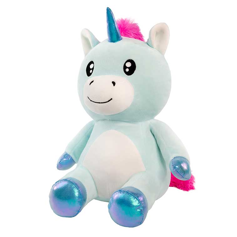 10 Inch blue and white Unicorn with a yellow collar Smanimals Strawbery scented Plush angle view