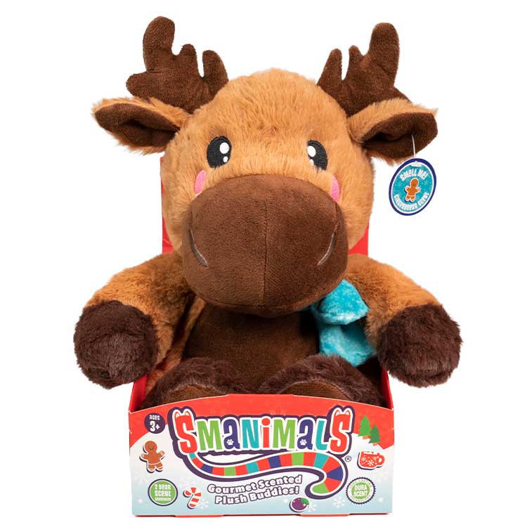 10 Inch brown moose with blue scarf Holiday Smanimals gingerbread scented Plush in a box