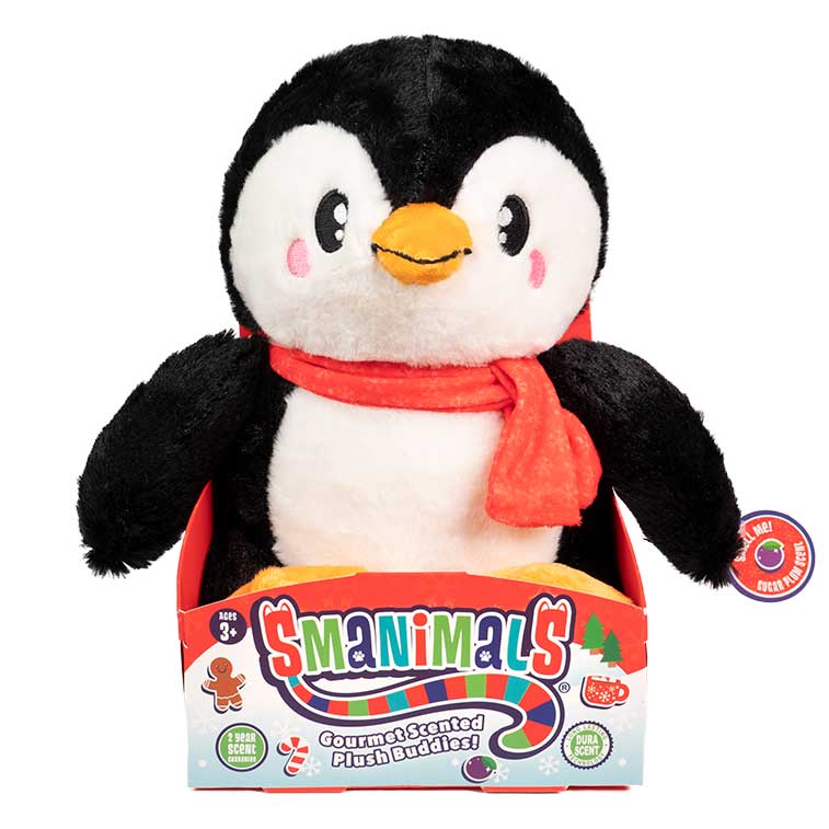 10 Inch black and white penguin with red scarf Holiday Smanimals sugar plum scented Plush in a box
