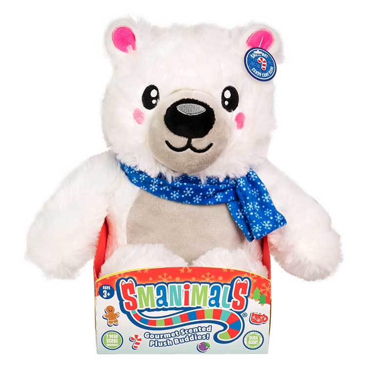 10 Inch white polar bear with dark blue scarf Holiday Smanimals candy cane scented Plush in a box