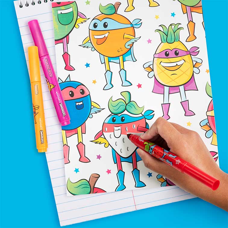 orange, watermelon, blueberry, tangerine, and more super fruit coloring sheet being colored in with washable markers