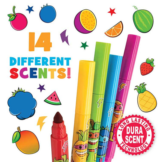 cherry, pineapple, apple,blueberry, and passion fruit scented Washable Smarkers surrounded by illustrations of the fourteen different scents