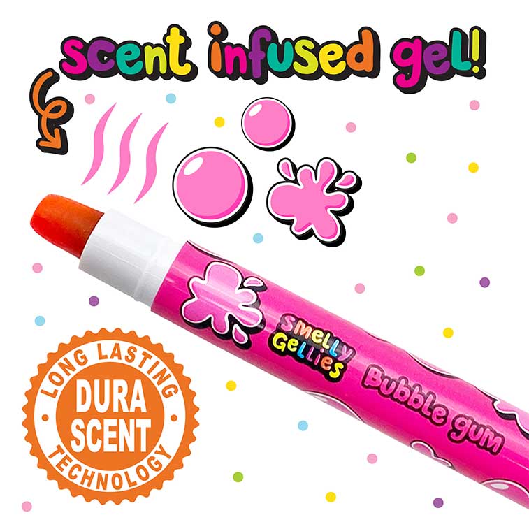 close up of scent infused pink Bubble Gum Spring Smelly Gellies Gel Crayons showed writing with a super smooth glide feel