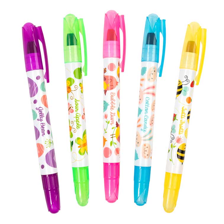 Jelly Bean, Sour Apple, Bubble Gum, Cotton Candy, and Tutti Frutti Scented Gel Crayons with top cap fanned out