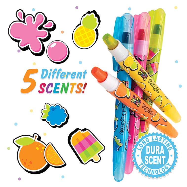 Bubble Gum, Tangerine, Pineapple, Rainbow Sherbet, and Blue Raspberry scented Smelly Gellies Gel Crayons
