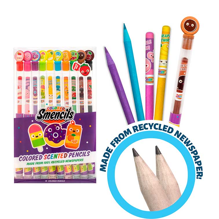 Pack of 10 Colored Smencils, Scented Pencils with bubble gum, pineapple swirl, cookies n cream, blue slushie, and jelly donut pencils out with close up of made from recycled newspaper material used for the pencils