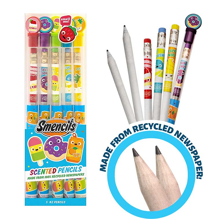 Pack of 5 Original Smencils, Scented Pencils with Bubble Gum, Strawberry Cheesecake, Jelly Donut, Blue Slushie, Pineapple Swirl, Orange Soda, Cookies N' Cream, Black Cherry pencils out with close up of made from recycled newspaper material used for the pencils
