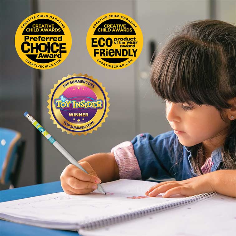 blue Blueberry Original Smencils being used by a little girl with three award badges