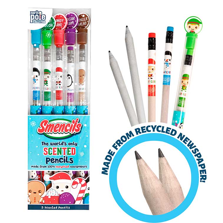 Pack of 5 Holiday Smencils, Scented Pencils with Candy Cane, Mint Cocoa, Snowberry, Sugar Plum, and Gingerbread pencils out with close up of made from recycled newspaper material used for the pencils