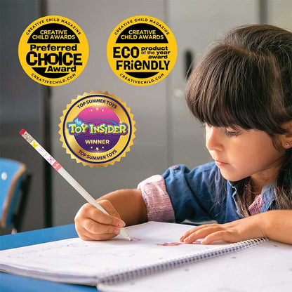 pink bubblegum scented Spring Pencils being used by a little girl with three award badges