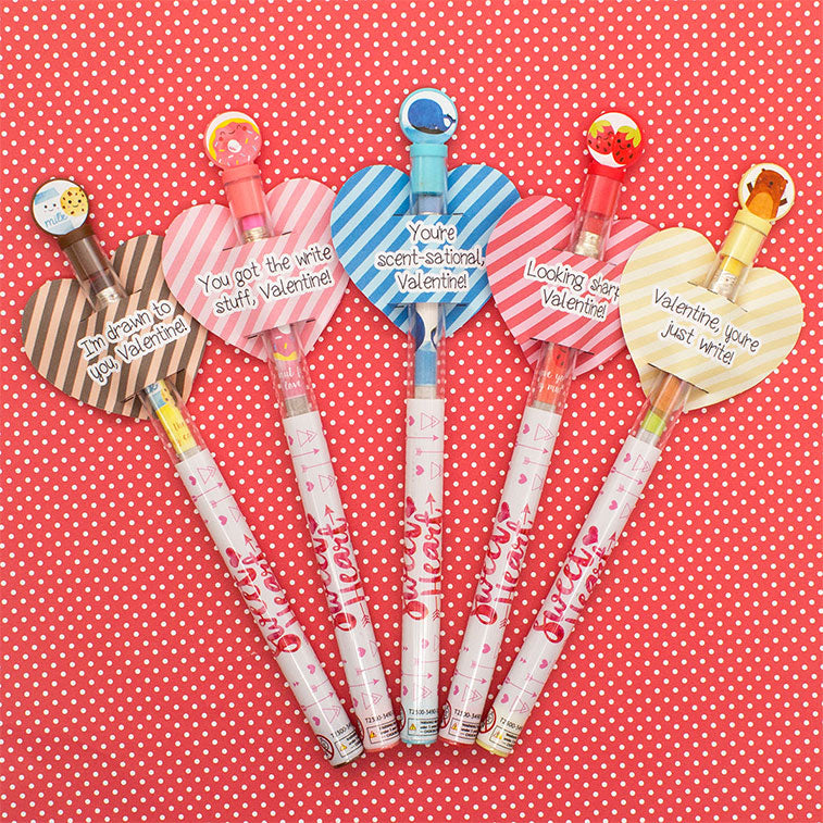 Strawberry, marshmallow, donut, chocolate, and blueberry scented sweetheart smencils with valentine's smencil grams