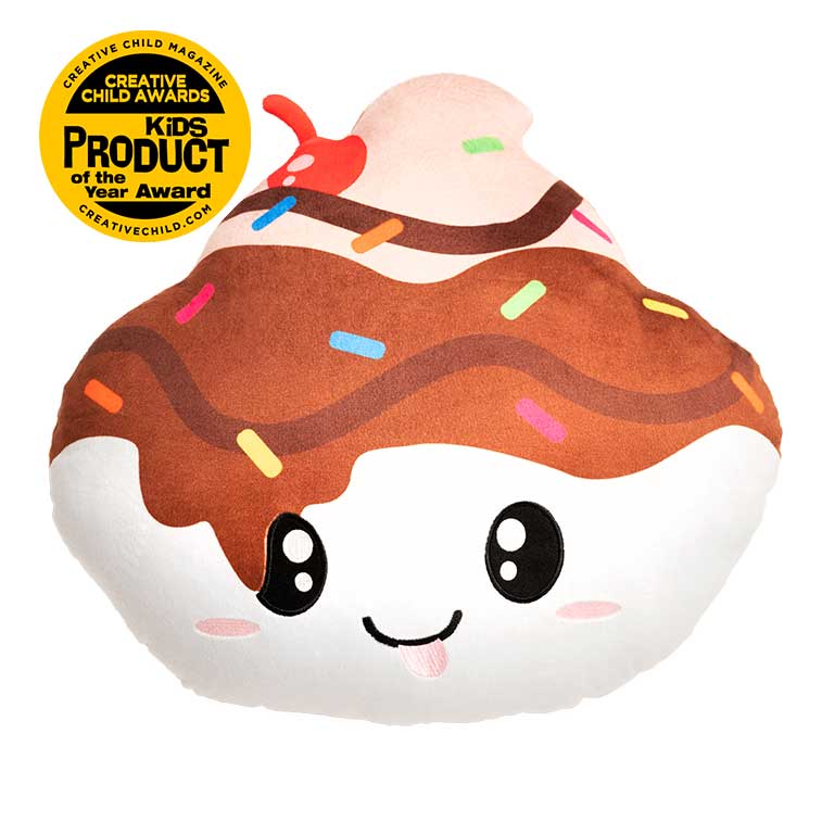 15 Inch brown and white Chocolate Sundae Smillows Chocolate Sundae scented Plush with Top Summer Toy, kids product of the year award badge from the 2019 creative child magazine
