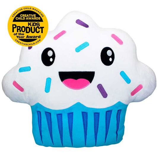 15 Inch blue and white cupcake with sprinkles Smillows cupcake scented Plush with Top Summer Toy, kids product of the year award badge from the 2019 creative child magazine