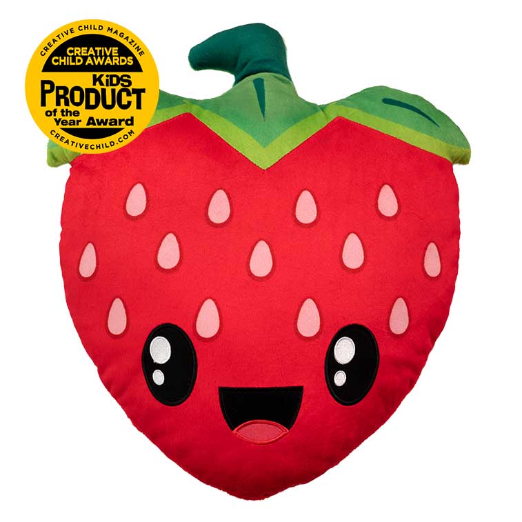 15 Inch red and green Strawberry Smillows Strawberry scented Plush with Top Summer Toy, kids product of the year award badge from the 2019 creative child magazine