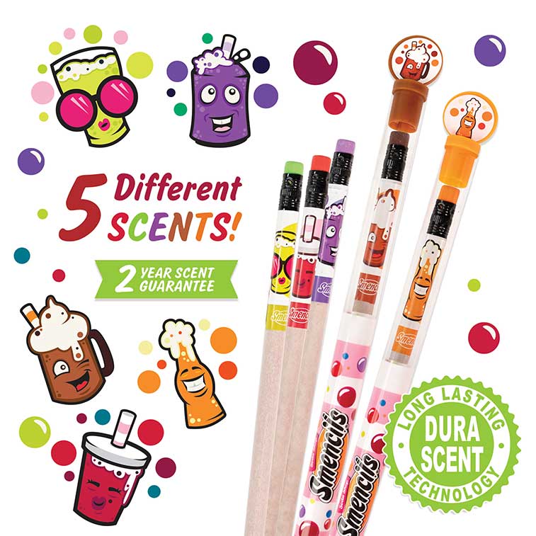 Fizzy Pop, Cherry Cola, and Grape Soda Scented Soda Shop Pencils out of tubes and Rootbeer and Orange Soda in tubes surrounded by illustrations of the five different scents