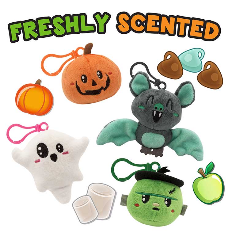 Bundle of 4 Spooky Squad Backpack Buddies, Scented Plush with illustrations of their scents, pumpkin, mint chocolate, marshmallow, and green apple