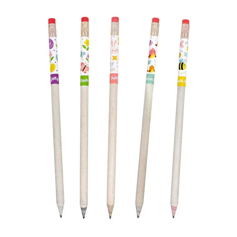 Bubble Gum, Jelly Bean, Cotton Candy, Tutti Frutti, and Sour Apple scented Spring Pencils out of tubes fanned out