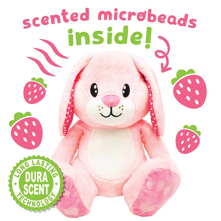 10 Inch pink and white bunny Spring Smanimals Strawberryscented Plush surrounded by illustrations of blueberries and informing that scented microbeads are inside the scented plush
