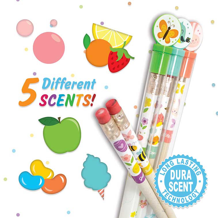 Sour Apple, Cotton Candy, and Bubble Gum Scented Spring Pencils in the tubes and Grape and Tutti Frutti out of tubes sitting on top surrounded by illustrations of the five different scents