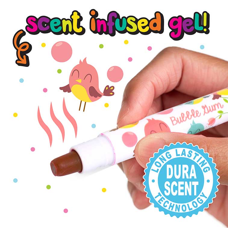 close up of scent infused pink Bubble Gum Spring Sketch and sniff gel crayon