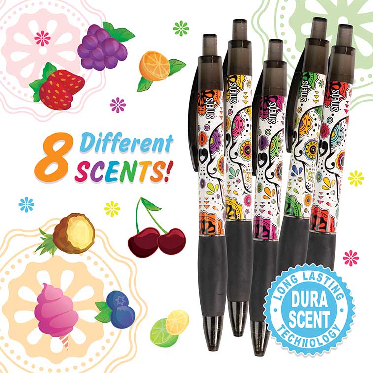Sugar Skull Smens® 8-Pack | Scented Clickable Black Ink Pens