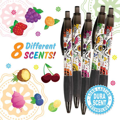 Strawberry, orange, cotton candy, grape, pineapple, lemon lime, blueberry, and black cherry scented sugar skull smens surrounded by illustrations of the eight different scents
