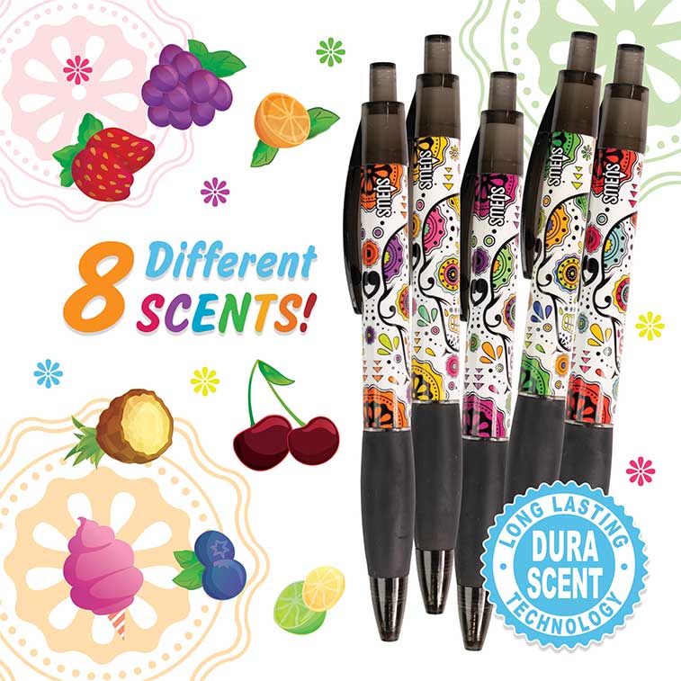 Strawberry, orange, cotton candy, grape, pineapple, lemon lime, blueberry, and black cherry scented sugar skull smens surrounded by illustrations of the eight different scents