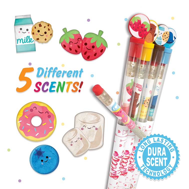 Strawberry, marshmallow, donut, chocolate, and blueberry scented sweetheart smencils surrounded by illustrations of the five different scents