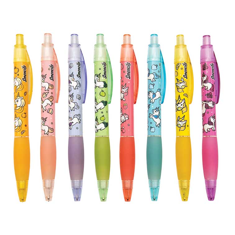 cherry berry, cotton candy, lemon,cupcake, tutti frutti, orange, grape, and green apple scented Unicorn Mechanical Smencils surrounded by illustrations of the eight different scents