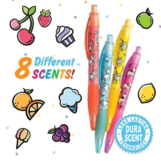 cherry berry, cotton candy, lemon, and cupcake scented Unicorn Mechanical Smencils surrounded by illustrations of the eight different scents