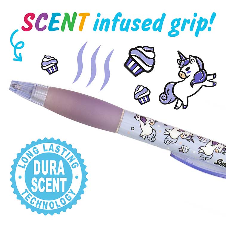 Close up of purple cupcake Unicorn Mechanical Smencils Out of Packaging, focused on the scented infused grip