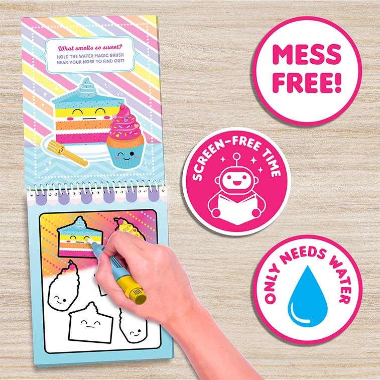 Water Magic Bakery & Sugar Sparkle mess free fun on the go activity kits being used with scented water brush