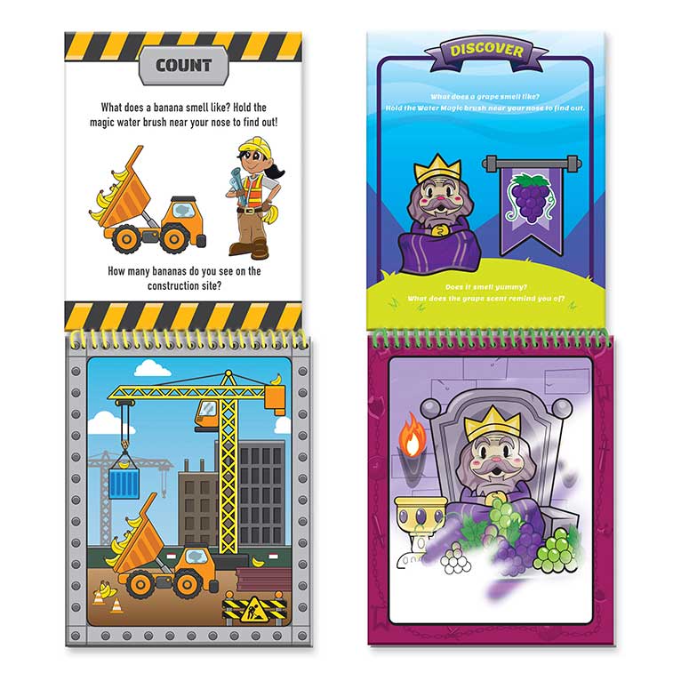 Water Magic Grape Kingdom & Construction fun on the go activity kits Bundle opened showing pages