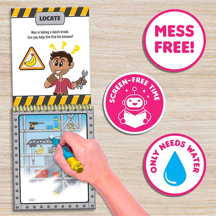 Water Magic Grape Kingdom & Construction mess free fun on the go activity kits being used with scented water brush