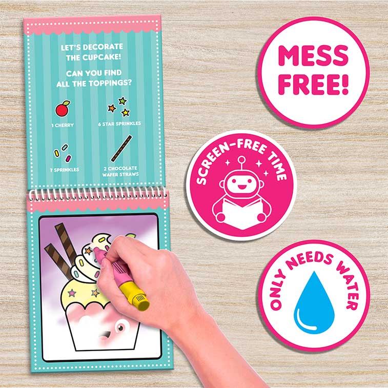 Water Magic Cupcake & Donut mess free fun on the go activity kits being used with scented water brush