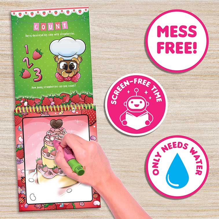 Water Magic Strawberry Picnic & Farm Friends mess free fun on the go activity kits being used with scented water brush