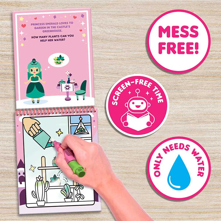 Water Magic Unicorn & Pet Paradise  mess free fun on the go activity kits being used with scented water brush