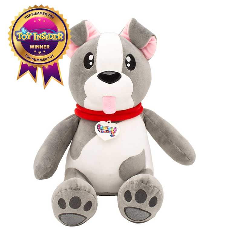 10 Inch grey and white dog with a red collar Smanimals Jelly Bean scented Plush with Top Summer Toy, The Toy Insider winner badge